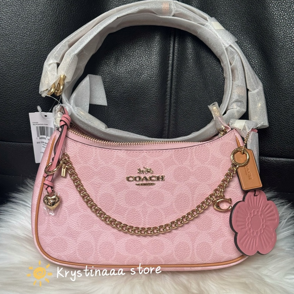 NWT Coach Gold Powder Pink Teri Shoulder Bag Signature with Charms CEA20
